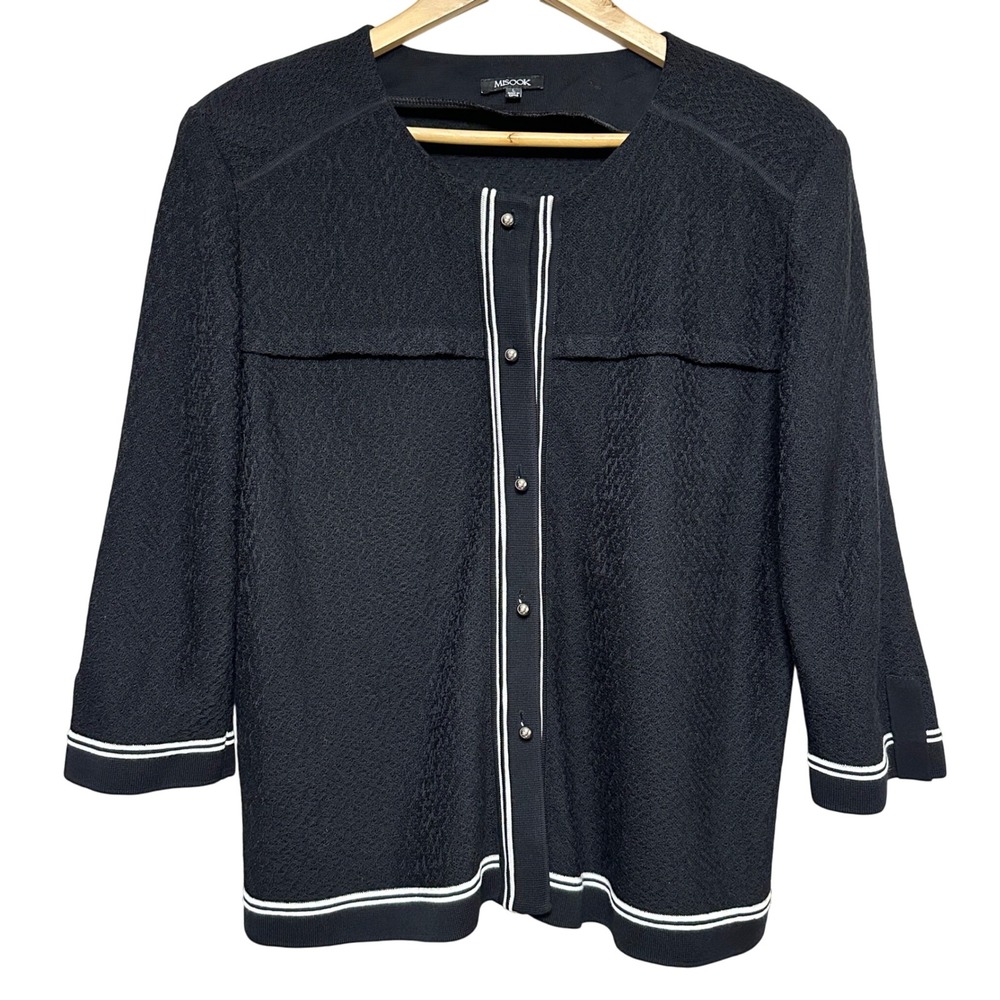 MISOOK Textured Knit Button Front Cardigan Womens L Black 3/4 Sleeve Preppy Chic